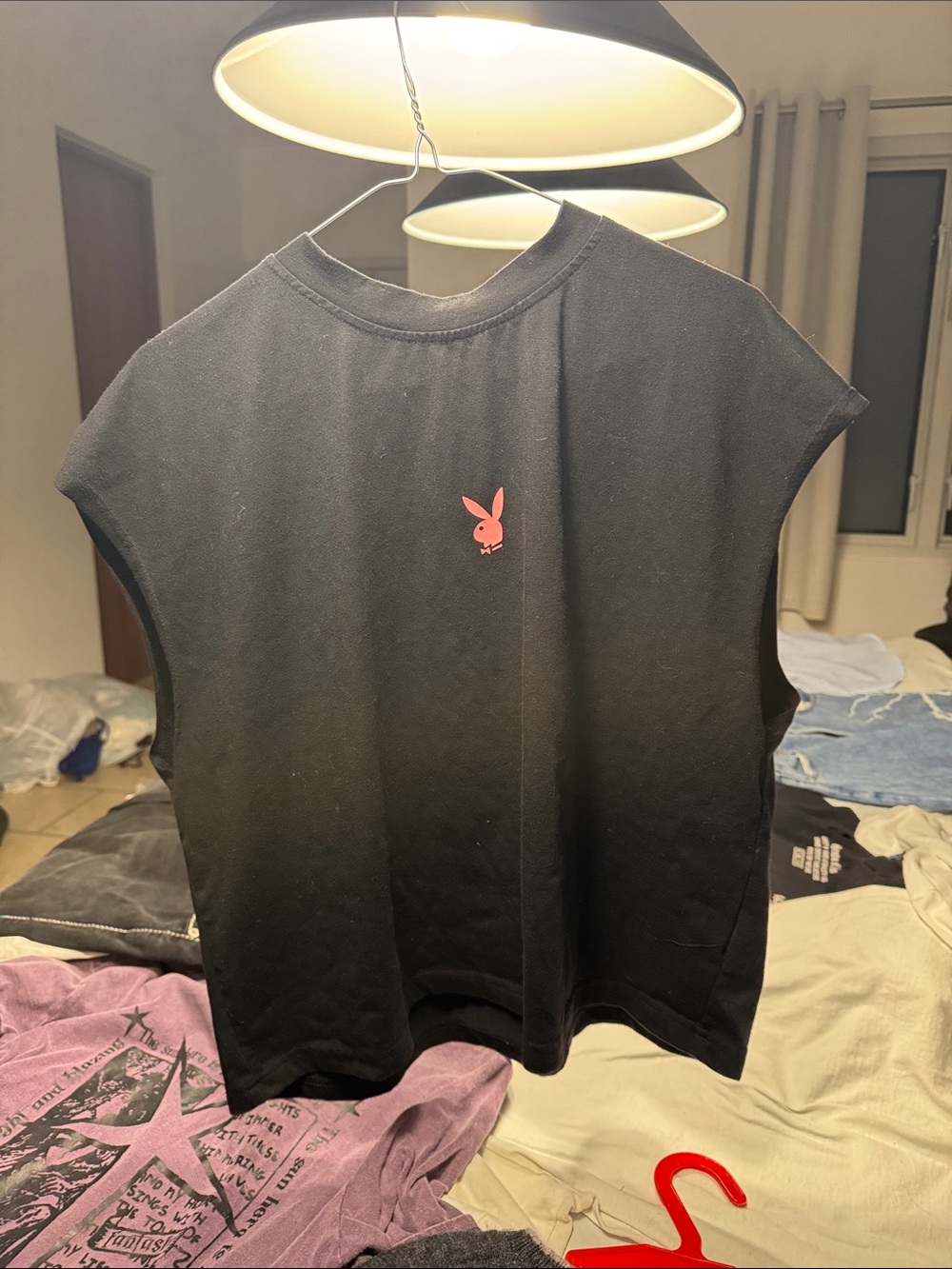 PLAYBOY Black Muscle Tee with Pink Bunny Logo